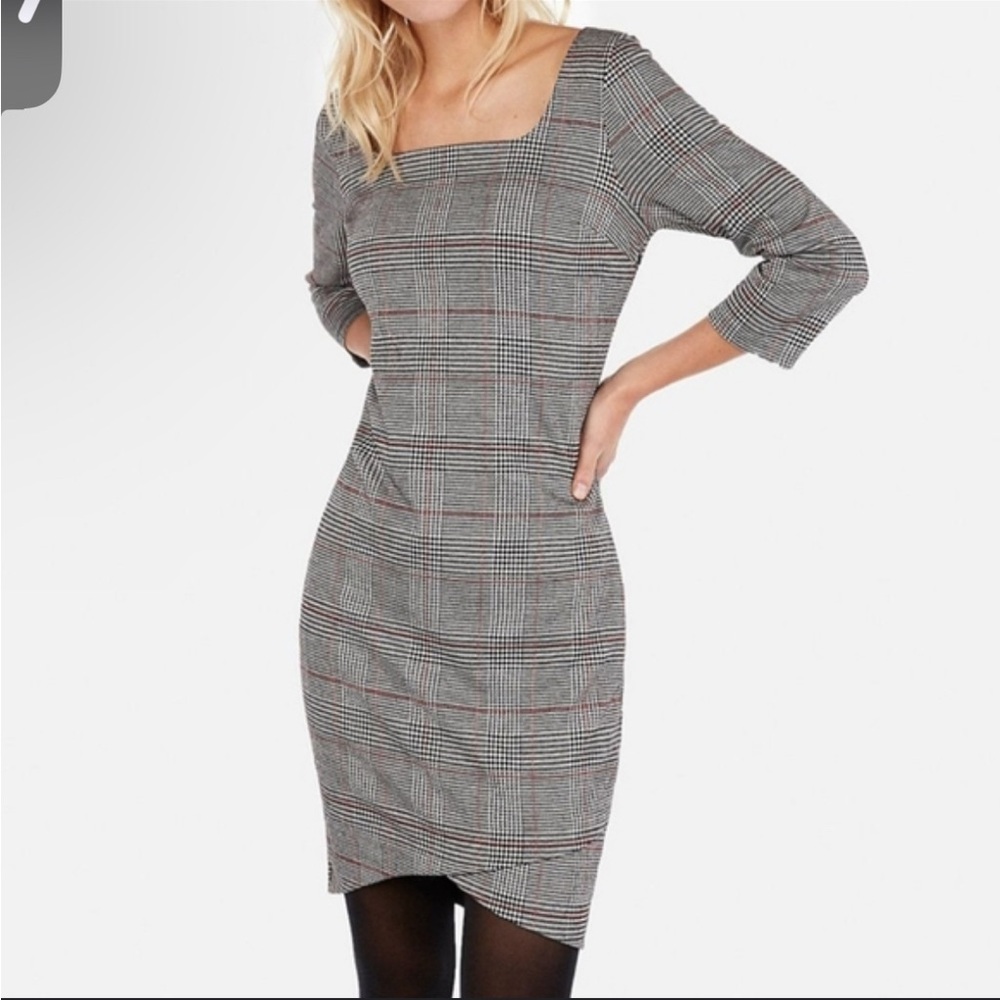 Express Woman XS Plaid Design Midi Dress 3/4 sleeves Square Neck Great condition